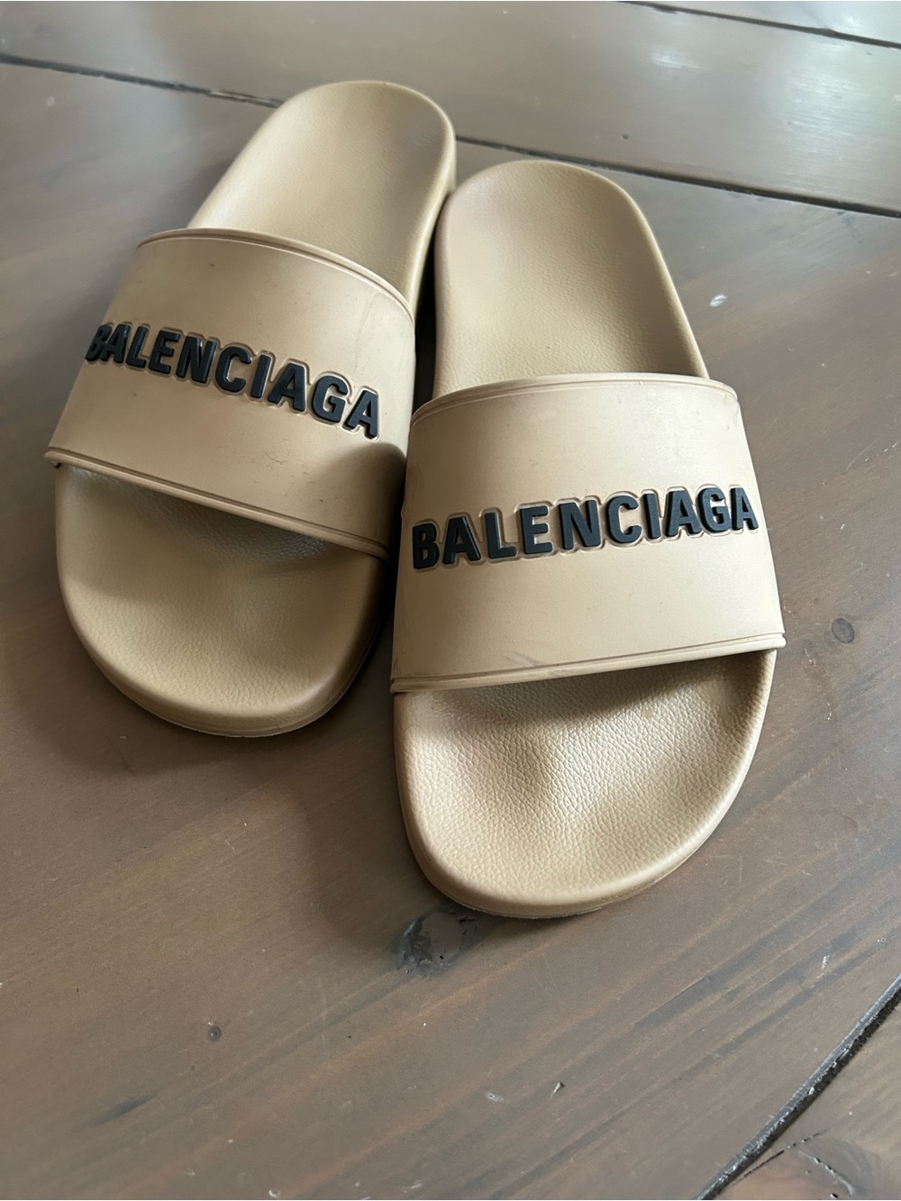 Balenciaga Tan Pool Slide Sandals with Black Logo - 40